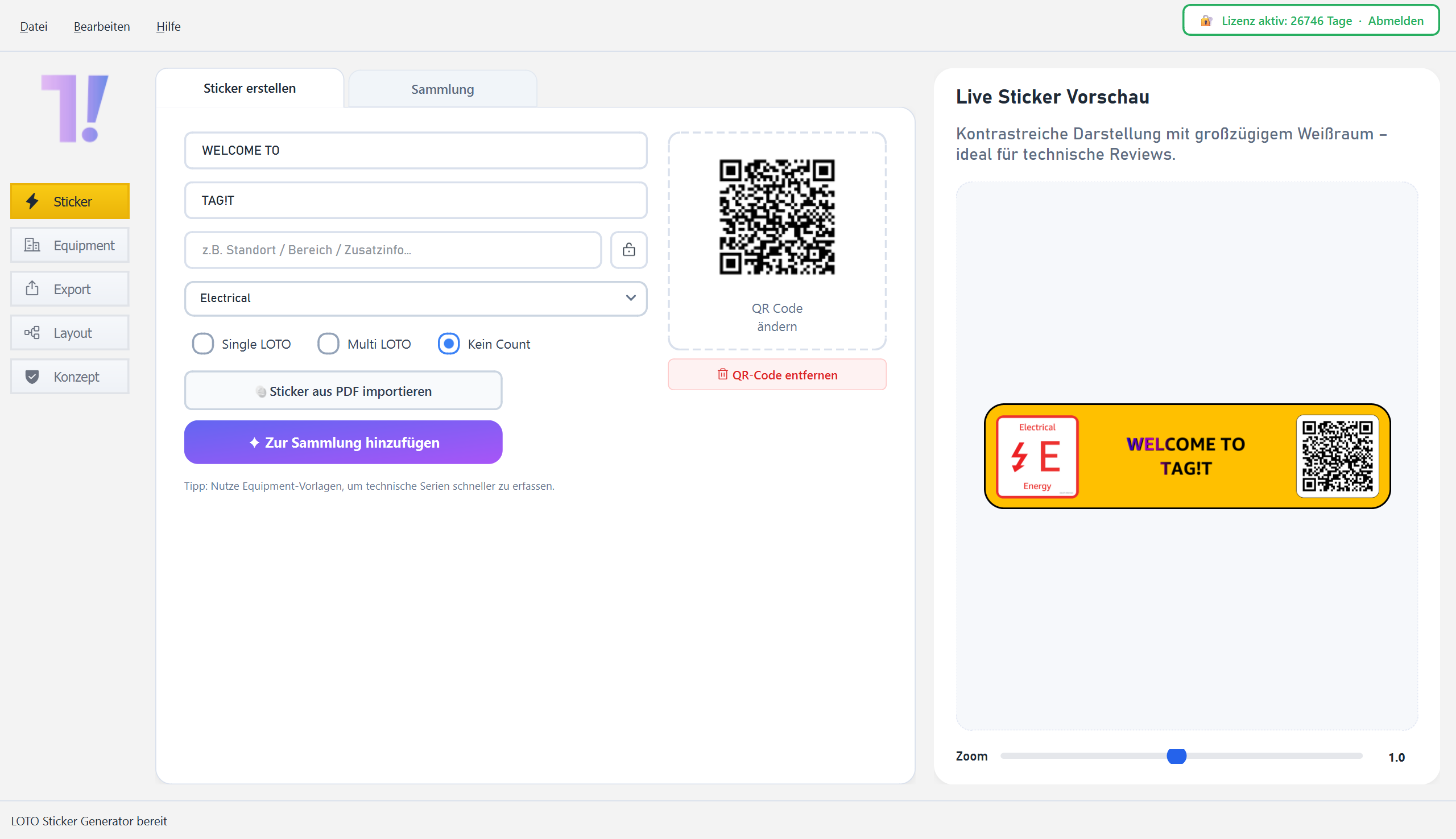 TAG!T Software: Sticker generator with live preview and QR code