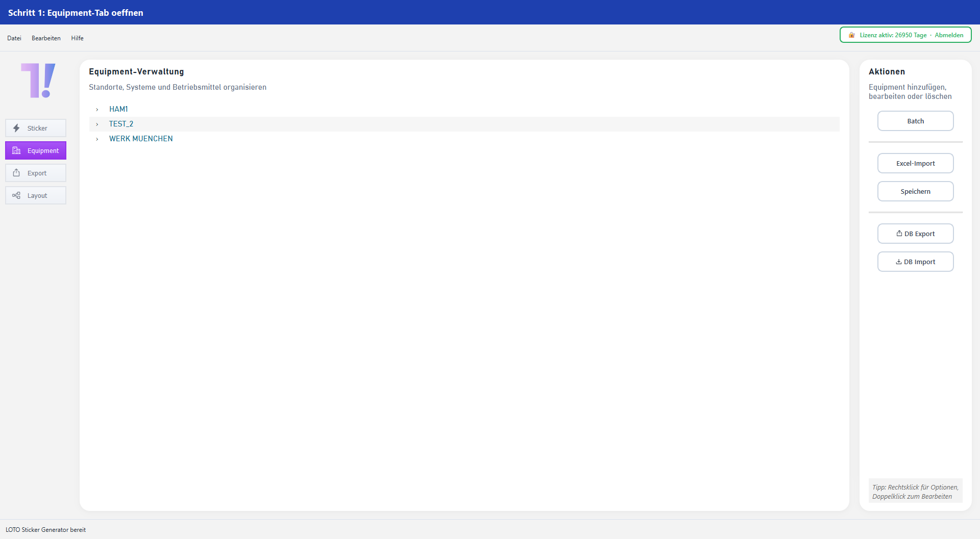 TAG!T Batch Schritt 1: Equipment-Tab